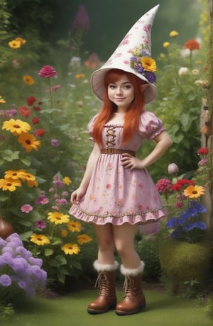 (((full-body))), (masterful),a beautiful adult sexy Gnome,  wearing dress made of flowers, a Gnome hat, a large head, very short legs,  in a garden, with medium breasts, copper_hair, standing next to a enormous boot almost as tall as she is