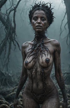 full-body, Alien tumors that have a single eye grow on the body of a very dirty but beautiful irsh woman , her neck and body are covered in tentacles, her eyeballs are solid black, nice breasts and a short neck, she is standing and you can see her legs and her feet,  do not elongate neck, her head is tilted, do not stretch neck, looking up and away, She is trying to speak , cinematic colors, a desolated swamp, dark vibes, gloomy hyper-detailed, vibrant colours, epic composition, official art, unity 8k wallpaper, ultra detailed, beautiful and aesthetic, masterpiece, best quality