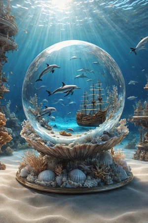 
A transparent Crystal Sphere inside a Clam shell, inside the sphere, an intricate Galleon on a Hyper detailed sea bed, surrounded by dolphins , 8k, HDR, 3d bas relief, hyper realistic HD, , , ,, ,… See more