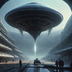Alien flying saucer landing with a menacing worm creature exuding sharp teeth, sci-fi, cinematic, detailed digital painting, extraterrestrial, otherworldly, dynamic lighting, by H.R. Giger and Syd Mead, 4k resolution