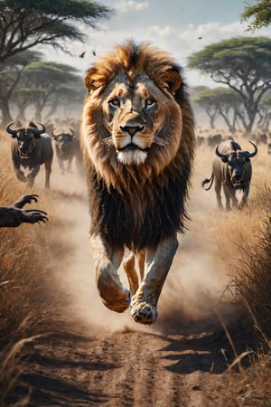 
Photorealism/Hyperrealism portrait of  a angered lion running after a wildebeest, with the wildebeest in the foreground, in an open field in the forest, raising dust, ultra-realistic, ultra-realistic, cinematic, uhdr 8k, q2. intricate designs extremely detailed hyperdetailed Diego Gisbert Llorens fantasy, hyper-realistic, intricate detail, double exposure photograph, illustration, detailed matte painting, bright colors, fantastical, intricate detail, splash screen, colors, fantasy concept art, 8k resolution trending on Artstation Unreal,detailed matte painting, deep color, fantastical