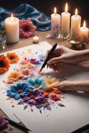 create a image of a magical scene on a artist desk, where a hand holds a transparent fountain pen that spills out colorful flowers forming the gown of a elegant woman with a glowing candle