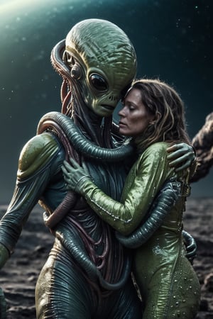 full-body, a little alien is choking a woman in a space suit with his tentacles,(highly detailed close photography), cinematic colors, texture, film grain, a desolated alien planet with 2 suns in the sky, the surface is a swamp with lots of slimy tentacles coming out of it, extraterrestrial environment, dark vibes, gloomy hyper detailed, vibrant colours, epic composition, official art, unity 8k wallpaper, ultra detailed, beautiful and aesthetic, masterpiece, best quality