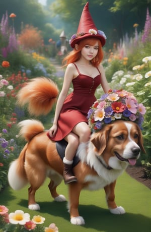 (((full-body))), (masterful),a beautiful adult sexy Gnome,  wearing dress made of flowers, a Gnome hat, a large head, very short legs,  in a garden, with medium breasts, copper_hair, she is riding on a big dog