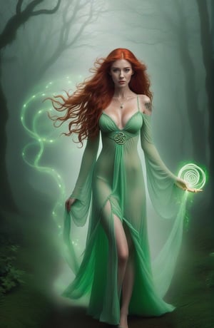 naked Celtic woman with long red hair being chased by rotten male zombies with demonic faces), with a beautiful face, in the fog, every inch of her body is covered in Celtic tattoos, she is holding a long glowing wizards staff, wearing a Celtic tiara, you can see her naked breasts and nipples, she has body paint on her breasts but not her nipples, you can see her shoes, green mist flows through and around her body, , she is engulfed in swirling green lights, very long legs, an hourglass figure, show feet, and Celtic shoes, she is standing you can see her shoes, 
, detailed background, dark night))),
 freckled pale skin, shoulder length hair, dirty white peasant dress,),
In a sinister crumbling city.,