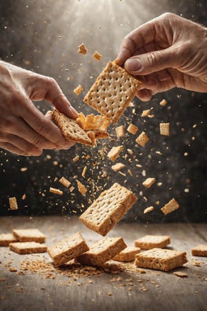  A slow-motion close-up image of human hands breaking apart a cracker, with cracks, crumbs, and flakes visible in meticulous detail. The appearance of motion and texture is hyperrealistic under stable lighting. The background is an artistic blur, heightening the sense of realism.