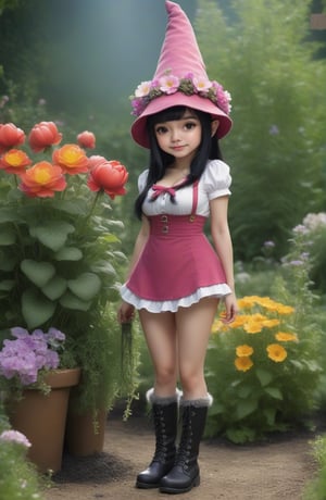 (((full-body))), (masterful),a beautiful adult sexy Gnome,  wearing strings of flowers, a Gnome hat, a large head, very short legs,  in a garden, with medium breasts, black_hair, standing next to a giant boot almost as tall as she is