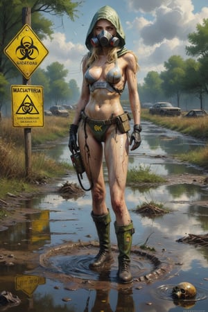 Photorealistic, Award Winning, Ultra Realistic, 8k, of a stunningly beautiful half-naked wanderer with a respirator standing near a puddle of radioactive waist with a dead body floating in it and a biohazard sign , amidst the ravages of time and nature."  long blonde hair,  and wears a skimpy broken tec armor with hood,  Masterpiece, ultra highly detailed, digital painting