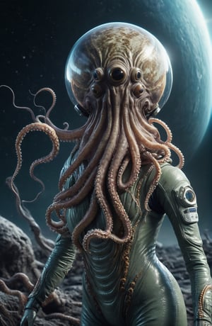full-body, a beautiful astronaut with no helmet on, there is a small Alien octopus-like creature on her back with its tentacles wrapping around her neck , She is trying to speak (highly detailed close photography), cinematic colors, texture, film grain, a desolated alien planet with 2 suns in the sky, the surface is a swamp with lots of slimy tentacles coming out of it, extraterrestrial environment, dark vibes, gloomy hyper detailed, vibrant colours, epic composition, official art, unity 8k wallpaper, ultra detailed, beautiful and aesthetic, masterpiece, best quality