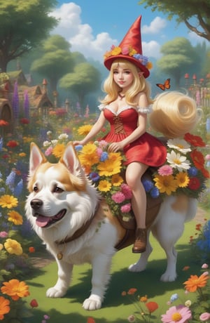 (((full-body))), (masterful),a beautiful adult sexy Gnome,  wearing dress made of flowers, a Gnome hat, a large head, very short legs,  in a garden, with medium breasts, gold_hair, she is riding on a big dog