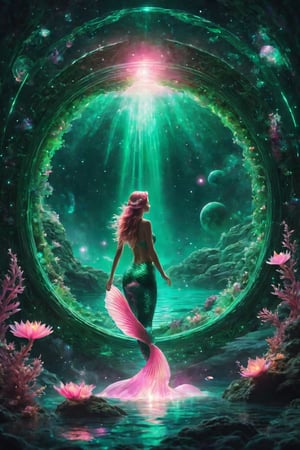 a glowing cosmic portal, a green and pink mermaid glimpsing into the cosmic mysteries