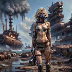Photorealistic, Award Winning, Ultra Realistic, 8k, of a stunningly beautiful half-naked female wanderer with a respirator standing near a shipyard with radio active water , wearing a skimpy ripped and torn destroyed cyberpunk jumpsuit, a burning futuristic tank is in the background,  dead trees and a barren landscape,  amidst the ravages of time and nature."  long blonde hair,  and wears a skimpy broken tec armor with hood,  Masterpiece, ultra highly detailed, digital painting