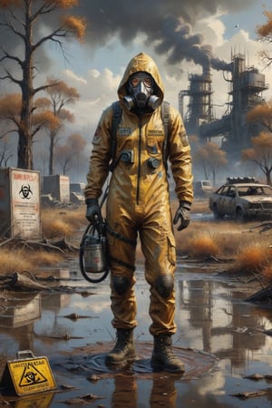 Photorealistic, Award Winning, Ultra Realistic, 8k, of a stunningly beautiful half-naked wanderer with a respirator standing near a puddle of radioactive waster with a dead body floating in it and a biohazard sign, wearing a destroyed jumpsuit, a burning tec tank in the background  dead trees and a barren landscape,  amidst the ravages of time and nature."  long blonde hair,  and wears a skimpy broken tec armor with hood,  Masterpiece, ultra highly detailed, digital painting