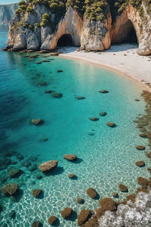 Wonderful lagoon with crystal clear water; you can see the white pebbles at the bottom of the sea; Cliffs around the lagoon beach; small cutter at anchor close to the beach; water surface shimmering from the sun; extreme closeup of pebbles in the sea; UHD; Movie theater; lacquer style; photo
