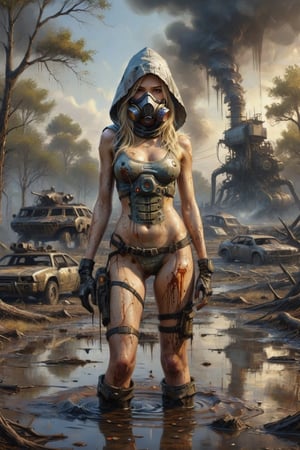 Photorealistic, Award Winning, Ultra Realistic, 8k, of a stunningly beautiful half-naked female wanderer with a respirator standing near a puddle of radioactive waster with a dead body floating in it and a biohazard sign, wearing a skimpy ripped and torn destroyed jumpsuit, a burning futuristic tank is in the background,  dead trees and a barren landscape,  amidst the ravages of time and nature."  long blonde hair,  and wears a skimpy broken tec armor with hood,  Masterpiece, ultra highly detailed, digital painting