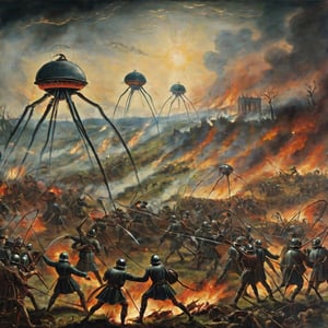 Battle scene from The War of the Worlds painted in an early medieval style.