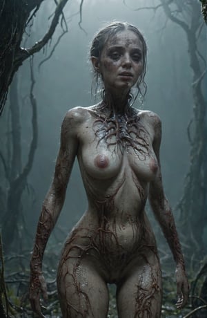 full-body, an Alien egg with eyes is growing on the side of the head of a very dirty but beautiful irsh woman , her neck and body are covered in tentacles, her eyes are lifeless, nice breasts perfect nipples and a short neck, she is standing and you can see her legs and her feet,  do not elongate neck, her head is tilted, do not stretch neck, looking up and away, She is trying to speak , cinematic colors, a desolated swamp, dark vibes, gloomy hyper-detailed, vibrant colours, epic composition, official art, unity 8k wallpaper, ultra detailed, beautiful and aesthetic, masterpiece, best quality