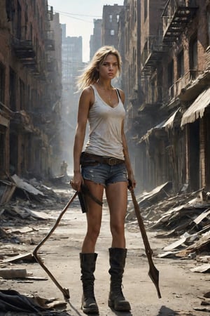  In a scene reminiscent of ‘I Am Legend,’ a solitary figure stands amidst the quiet chaos of an abandoned city. She is a vision of resilience and strength, a 25-year-old woman with an athletic build, embodying the perfect form of survival and beauty. Her attire, a testament to the world she now inhabits, consists of a dirty, rugged, torn sleeveless v-neck white T-shirt paired with denim shorts and sturdy black boots. Her legs, defined and strong, carry her confidently through the desolate streets where cars lay silent, and no other soul is in sight. On her thigh, a pistol sits secured in its holster, while an axe is strapped to the other, tools of necessity in this new world. In her hands, she wields a bow and arrow, choosing the silent precision of the hunt over the loud report of gunfire. The bright daylight casts a stark light on the scene, a contrast to the quiet intensity of her quest for sustenance. it is cinematic vision, C4D Render, Volumatric lighting. Ultra Photo realistic .
By Dall-e/ Bing