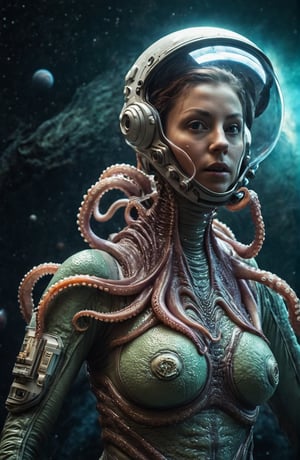full-body, a beautiful astronaut there is a small octopus-like Alien creature on her shoulder with its tentacles around her neck , She is trying to speak (highly detailed close photography), cinematic colors, texture, film grain, a desolated alien planet with 2 suns in the sky, the surface is a swamp with lots of slimy tentacles coming out of it, extraterrestrial environment, dark vibes, gloomy hyper detailed, vibrant colours, epic composition, official art, unity 8k wallpaper, ultra detailed, beautiful and aesthetic, masterpiece, best quality