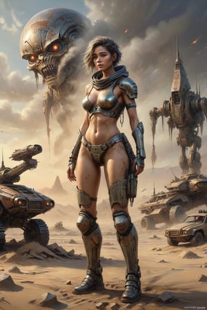 Photorealistic, Award Winning, Ultra Realistic, 8k, of a stunningly beautiful half-naked wanderer in tec armor is ridding her fallout-style robot  amidst the ruins of an alien civilization,  backdrop of swirling sand storm, fallout-style cars, a testament to the enduring spirit of Science Fiction and Technology amidst the ravages of time and nature." . random long hair, and wears a skimpy tattered outfit with a hood,  Masterpiece, ultra highly detailed, digital painting