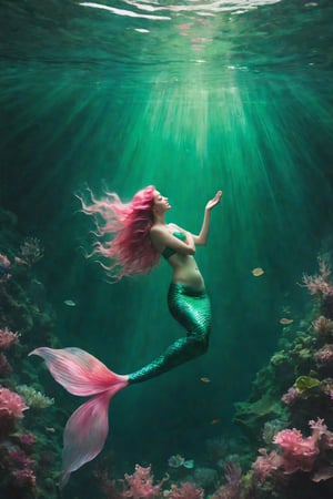a green and pink mermaid Adrift in the ethereal void, Transcending earthly bounds