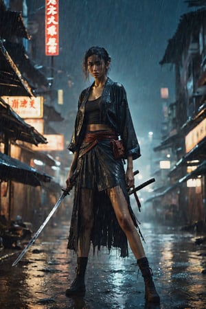 extremely wide view,fullbody, photo of a very beautiful slim lady in tattered clothes, warrior action pose with shimmering samurai sword, alone in the night, she is completely dirty + exhausted, she looks dreaming into the distance, post apocalypse in a city, it rains in streams, she is totally soaked, perfect opposite, ultra detailed, ultra sharp, leo cinema xl, dramatic background, pov, bokeh