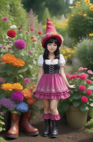 (((full-body))), (masterful),a beautiful adult sexy Gnome,  wearing dress made of flowers, a Gnome hat, a large head, very short legs,  in a garden, with medium breasts, black_hair, standing next to a giant boot almost as tall as she is