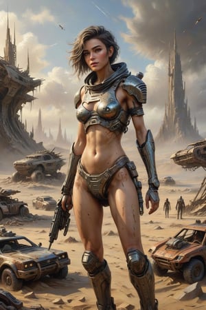 Photorealistic, Award Winning, Ultra Realistic, 8k, of a stunningly beautiful half-naked wanderer in tec armor is ridding her fallout-style robot  amidst the ruins of an alien civilization,  backdrop of swirling sand storm, fallout-style cars, a testament to the enduring spirit of Science Fiction and Technology amidst the ravages of time and nature." . random long hair, and wears a skimpy tattered outfit with a hood,  Masterpiece, ultra highly detailed, digital painting