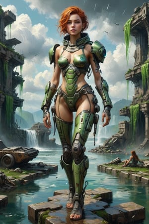 Photorealistic, Award Winning, Ultra Realistic, 8k, of a stunningly beautiful half-naked wanderer and her round floating robot with 3 mechanical arms and 2 eye stalks .   walking amidst the ruins of a high tec civilization,  backdrop of clouds , with luminescent green waterfalls streams and ponds , a testament to the enduring spirit of Science Fiction and Technology amidst the ravages of time and nature."  random hair color and style,  and wears a skimpy broken tec armor with hood,  Masterpiece, ultra highly detailed, digital painting