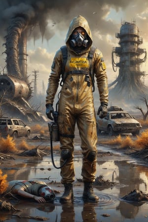 Photorealistic, Award Winning, Ultra Realistic, 8k, of a stunningly beautiful half-naked wanderer with a respirator standing near a puddle of radioactive waster with a dead body floating in it and a biohazard sign, wearing a ripped and torn destroyed jumpsuit, a burning futuristic tank is in the background,  dead trees and a barren landscape,  amidst the ravages of time and nature."  long blonde hair,  and wears a skimpy broken tec armor with hood,  Masterpiece, ultra highly detailed, digital painting