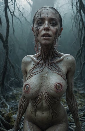 full-body, an Alien egg with eyes is growing on the side of the head of a very dirty but beautiful irsh woman with dead eyes, her neck and body are covered in tentacles, her eyes are lifeless, nice breasts perfect nipples and a short neck, she is standing and you can see her legs and her feet,  do not elongate neck, her head is tilted, do not stretch neck, looking up and away, She is trying to speak , cinematic colors, a desolated swamp, dark vibes, gloomy hyper-detailed, vibrant colours, epic composition, official art, unity 8k wallpaper, ultra detailed, beautiful and aesthetic, masterpiece, best quality