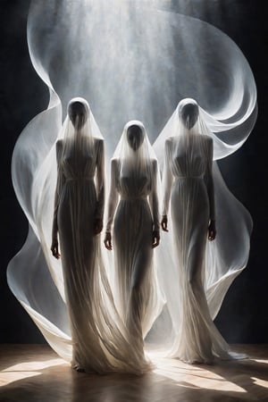 Veiled figures stand amidst a swirling vortex of light and shadow, their ethereal forms blending with the textured backdrop to create a sense of timeless mystery and intrigue.