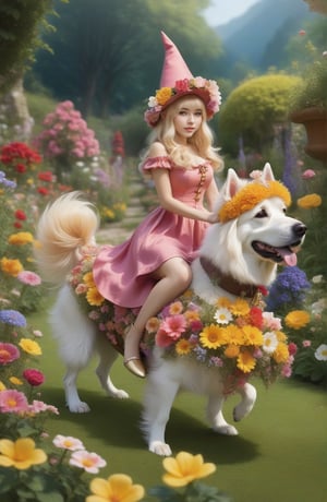 (((full-body))), (masterful),a beautiful adult sexy Gnome,  wearing dress made of flowers, a Gnome hat, a large head, very short legs,  in a garden, with medium breasts, gold_hair, she is riding on a big dog