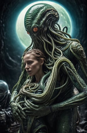 full-body, a very small Lovecraft alien is choking a human woman in a space suit with his tentacles while on her shoulder ,(highly detailed close photography), cinematic colors, texture, film grain, a desolated alien planet with 2 suns in the sky, the surface is a swamp with lots of slimy tentacles coming out of it, extraterrestrial environment, dark vibes, gloomy hyper detailed, vibrant colours, epic composition, official art, unity 8k wallpaper, ultra detailed, beautiful and aesthetic, masterpiece, best quality
