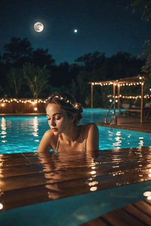 outdoor pool at night; the pool is illuminated underwater; Fairy lights shine on wooden decorations around the pool; Moon; Close-up of a woman in the pool; UHD; lacquer style; photo