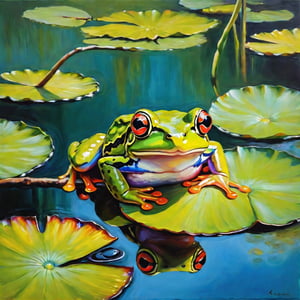 A frog on a branche in the middle of  végétation in a pond, on a water lily, big eyes a branch in his mouth
oil painting vibrant  colors