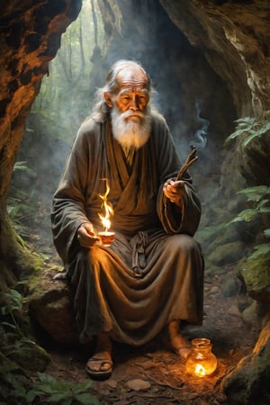 A lifelike caricature depicts a transparent glass cup housing an aged hermit seated cross-legged. Smoke and fire emanate from his ears, creating an intriguing spectacle. The hermit appears diminutive within the glass, situated in an ancient cave nestled deep within the forest. Rich details capture the essence of this unique scene.