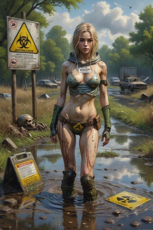 Photorealistic, Award Winning, Ultra Realistic, 8k, of a stunningly beautiful half-naked wanderer and her standing near a puddle of radioactive waist with a dead body floating in it and a biohazard sign , amidst the ravages of time and nature."  long blonde hair,  and wears a skimpy broken tec armor with hood,  Masterpiece, ultra highly detailed, digital painting