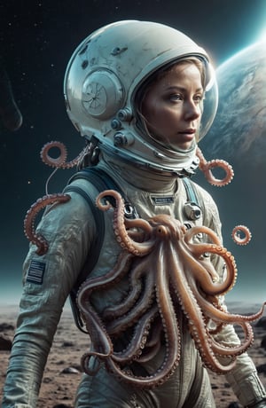 full-body, a beautiful astronaut with no helmet on her head, there is a small Alien octopus-like creature attached to her back with its tentacles wrapping around her neck , She is trying to speak (highly detailed close photography), cinematic colors, texture, film grain, a desolated alien planet with 2 suns in the sky, the surface is a swamp with lots of slimy tentacles coming out of it, extraterrestrial environment, dark vibes, gloomy hyper detailed, vibrant colours, epic composition, official art, unity 8k wallpaper, ultra detailed, beautiful and aesthetic, masterpiece, best quality