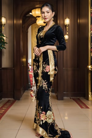 1girl, 175cm, vietnamese model, golden Chinese headress, very wet skin, horny facial expression, 23 years old, soft body, black hair, wavy hair,whole body, hair reaches waist, whole body,((head toknee)), black bracelets, black chain,((wearing Kebaya)), floral pattern long skirt, large earrings,close-up, 8k, RAW photo, best quality, masterpiece,realistic, elegant standing pose, photo-realistic,seductive,cute,royal kingdom background, big boobs, rchelcia,