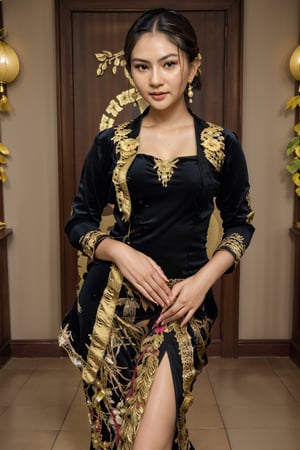 1girl, 175cm, vietnamese model, golden Chinese headress, very wet skin, horny facial expression, 23 years old, soft body, black hair, wavy hair,whole body, hair reaches waist, whole body,((head toknee)), black bracelets, black chain,((wearing Kebaya)), floral pattern long skirt, large earrings,close-up, 8k, RAW photo, best quality, masterpiece,realistic, elegant standing pose, photo-realistic,seductive,cute,royal kingdom background, big boobs, rchelcia,