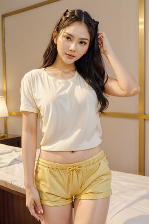 1girl, 175cm, vietnamese model, golden Chinese headress, very wet skin, horny facial expression, 23 years old, soft body, black hair, wavy hair,whole body, hair reaches waist, whole body,((wearing a casual shirt)) short pants,8k, RAW photo, best quality, masterpiece,realistic, elegant standing pose, photo-realistic,seductive,cute, bedrooms background, big boobs, rchelcia,