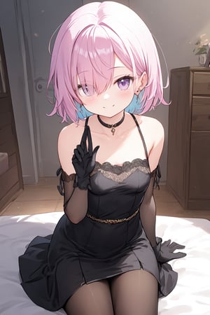 1girl, mash_kyrielight, dress, solo, gloves, jewelry, sleeveless_dress, purple_eyes, earrings, sleeveless, sitting, short_hair, looking_at_viewer, hair_over_one_eye, smile, alternate_costume, black_dress, breasts, closed_mouth, chair, gem, indoors, pink_hair, bare_shoulders, purple_gloves, collarbone, bangs, medium_breasts, eyes_visible_through_hair, black_gloves, grey_dress