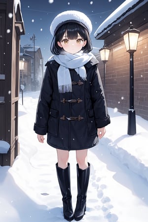 1girl, bangs, black_footwear, black_hair, boots, brown_eyes, building, coat, hat, knee_boots, lamp, lantern, looking_at_viewer, scarf, snow, snowing, solo, standing, winter, winter_clothes