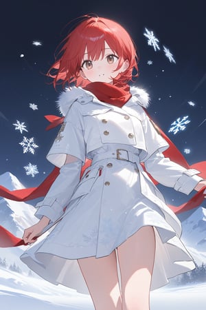  An extremely delicate and beautiful work, masterpiece, the most high quality, fine details, beautiful, snowflakes falling, lovely girl, red hair, brown pupil, black short-sleeved white coat, red scarf, full-body image,