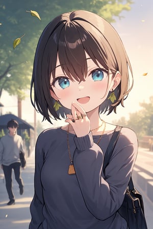 1girl, jewelry, solo, smile, blue_eyes, outdoors, open_mouth, sweater, collarbone, paper_bag, food, :d, looking_at_viewer, ring, bread, falling_leaves, earrings, holding, brown_hair, bag, white_sweater, leaf, long_hair, floating_hair, bangs, blurry, blush, breasts, long_sleeves, hair_between_eyes, shiny_hair, holding_bag, blurry_background, hand_up, necklace, shiny, upper_body, tree, sunset, ginkgo_leaf, braid, black_hair, wedding_ring