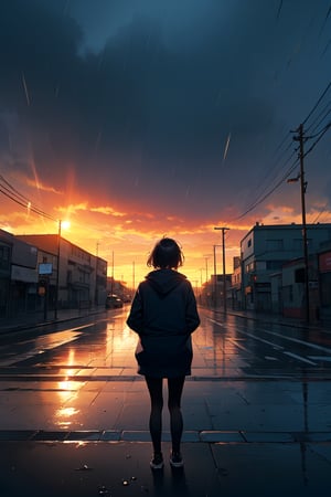 masterpiece,best quality,(ray tracing, cinematic lighting),ex-light,(central composition, Centered Composition and Symmetry:0.6),(back to camera:1.3),backlight,1girl,((solo)),black long hair,messy hair,jacket,pantyhose,rainy day,Cumulonimbus Cloud,(put hands in pockets),(outdoors, rain, sky, deserted streets, watered-down pavements, crossroad, fork in the road),tall buildings,bell towers,glass,reflections,streetlights,sunset,Tyndall Effect,