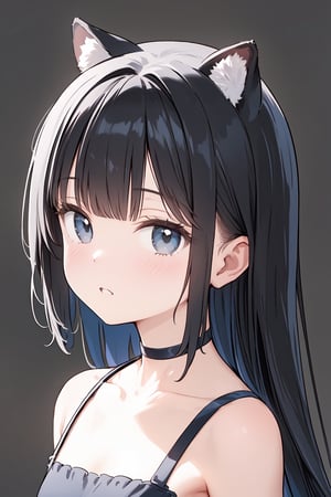 1girl, animal_ears, bangs, black_background, brown_background, choker, collarbone, facial_mark, grey_background, long_hair, looking_at_viewer, parted_lips, portrait, simple_background, solo