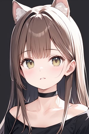 1girl, animal_ears, bangs, black_background, brown_background, choker, collarbone, facial_mark, grey_background, long_hair, looking_at_viewer, parted_lips, portrait, simple_background, solo