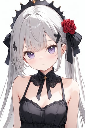 1girl, solo, purple_eyes, long_hair, bangs, hair_ornament, flower, hair_flower, looking_at_viewer, white_background, upper_body, simple_background, crown, frills, closed_mouth, grey_hair, breasts, dress, ribbon, hand_in_own_hair, hair_ribbon, rose, cleavage, white_dress